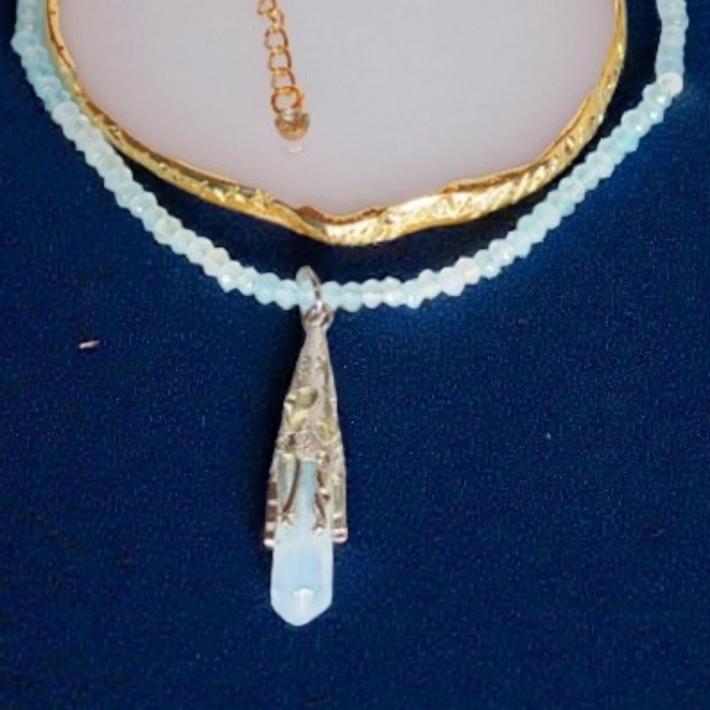 Icy Blue Beaded Opalite Pendulum Necklace Y3k New Preppy Boho Chic Whimsygoth